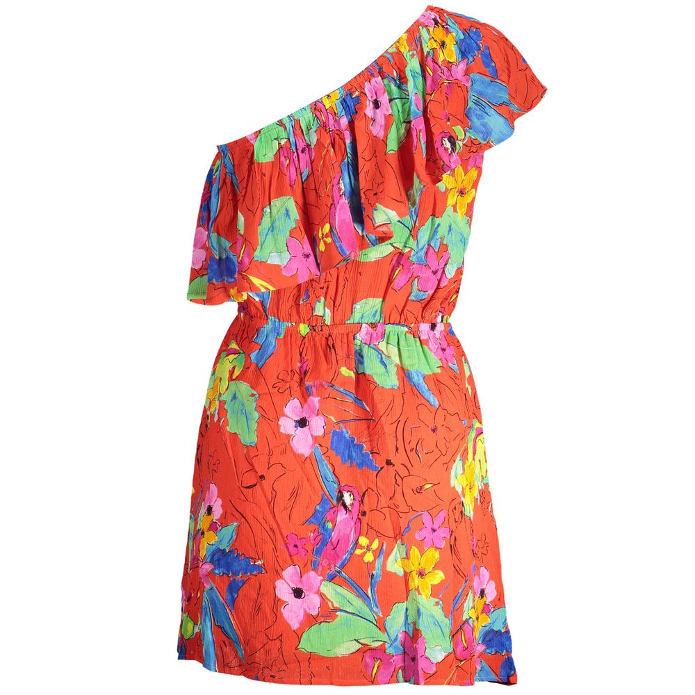 Desigual Red Viscose Women Dress with vibrant floral pattern, one-shoulder style, and elastic waist for a chic evening look.