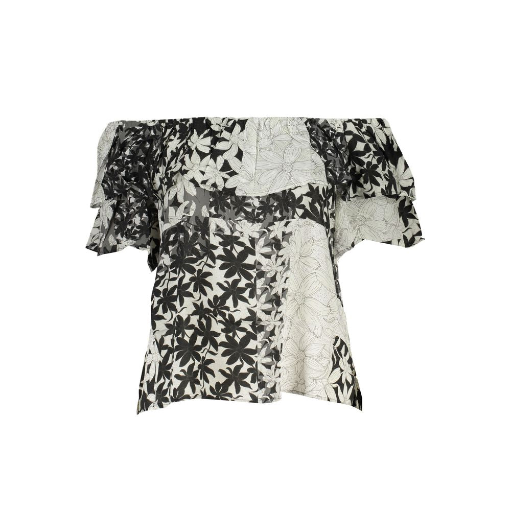 Black and white floral off-shoulder top with layered fabric design.