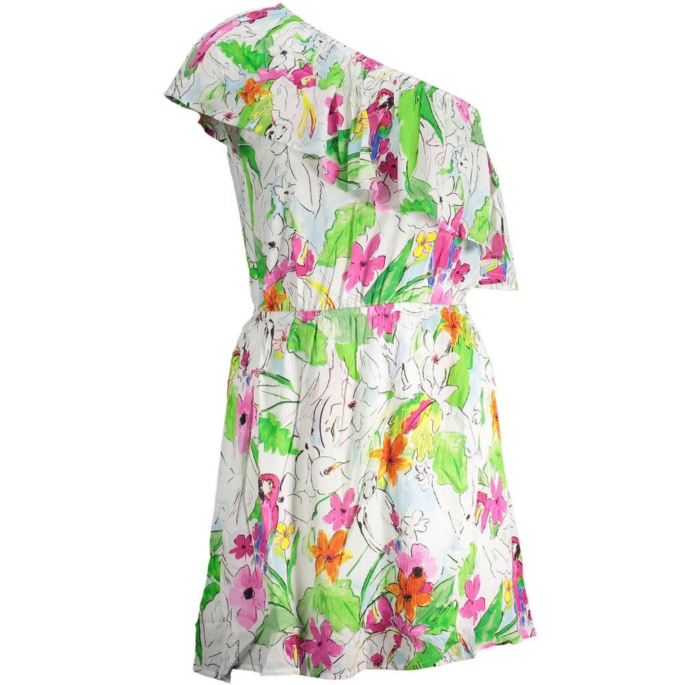 Desigual White Viscose Women Dress with floral print, one-shoulder design, and elastic waist for trendy elegance.