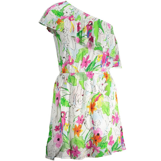 Desigual White Viscose Women Dress with floral print and one-shoulder design, featuring an elastic waist and playful accents.