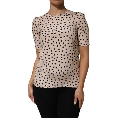 Dolce & Gabbana Beige Black Polka Dot Silk Short Sleeve Blouse Top