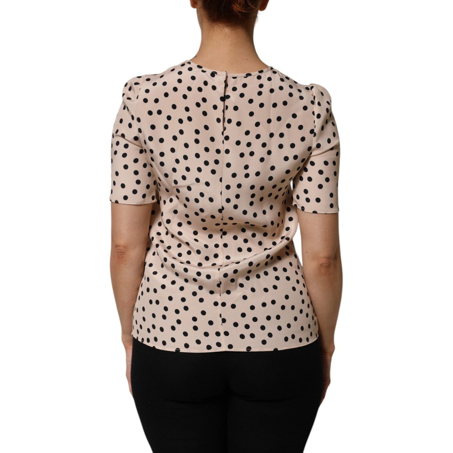 Dolce & Gabbana Beige Black Polka Dot Silk Short Sleeve Blouse Top