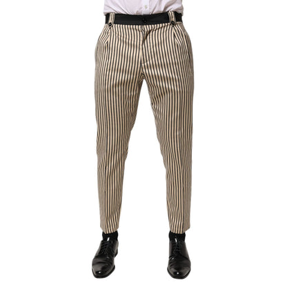 Dolce & Gabbana Beige Black Striped Cotton Slim Fit Trousers Pants
