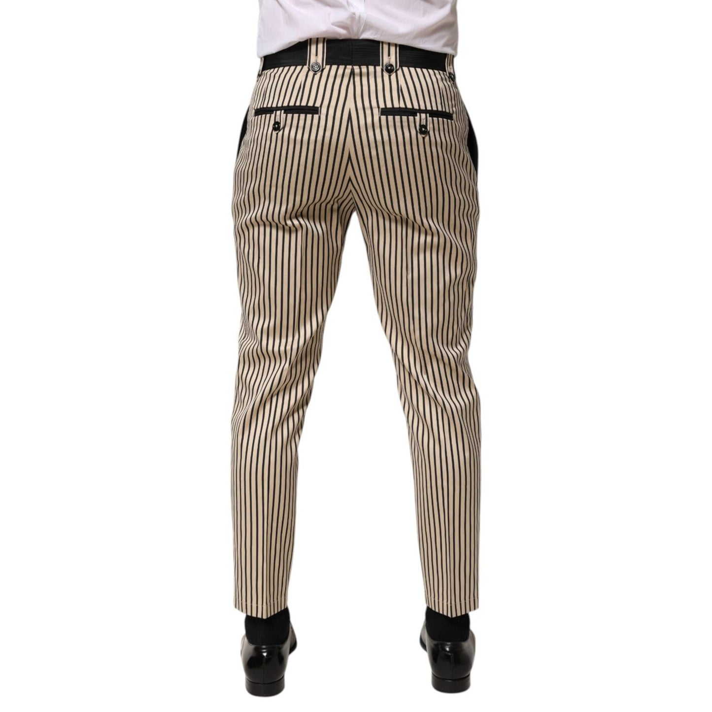 Dolce & Gabbana Beige Black Striped Cotton Slim Fit Trousers Pants
