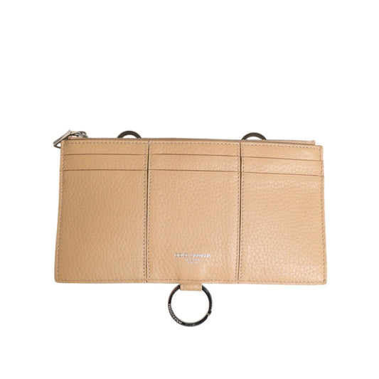 Dolce & Gabbana Beige Calfskin Leather Large Crossbody Card Holder Wallet with logo print and keyring attachment.