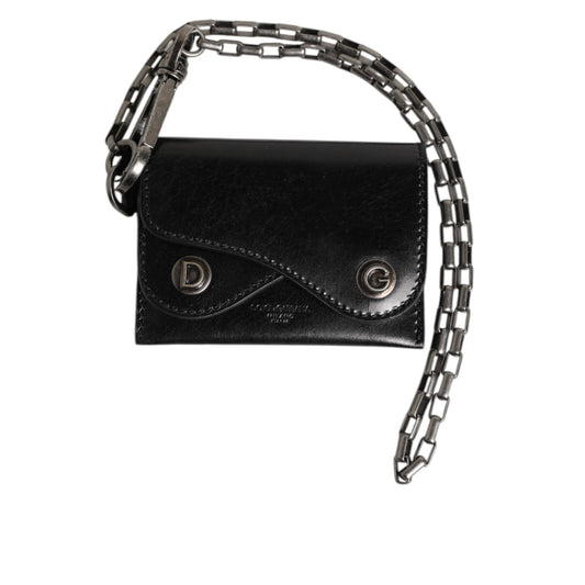 Dolce & Gabbana Black Cavallo Leather Wallet Chain Snap Bifold Card Holder with silver-tone chain and DG monogram hardware.