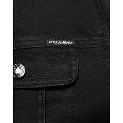 Dolce & Gabbana Black Cotton Denim Stretch Button Up Jacket detail with logo and button.
