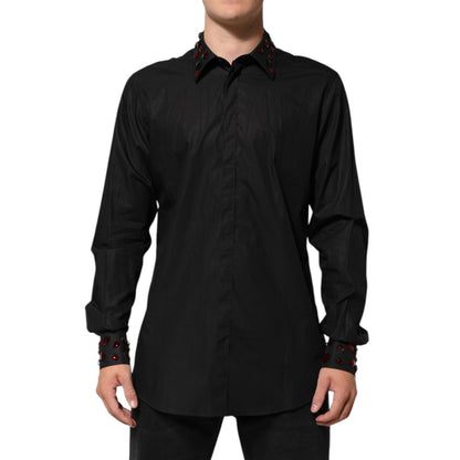 Dolce & Gabbana Black Cotton Embellished Collar Men’s Shirt