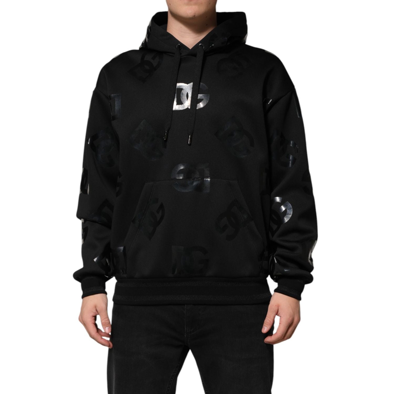 Dolce & Gabbana Black DG Logo Hoodie Metallic Print Sweater