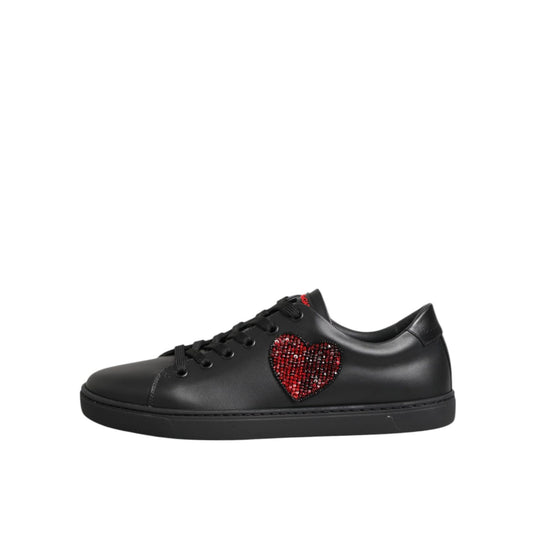 Dolce & Gabbana Black Leather Crystal Heart Low Top Sneakers  Shoes