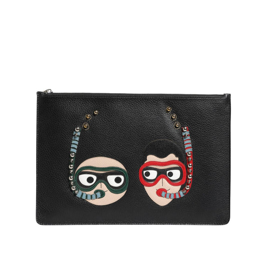 Dolce & Gabbana Black Leather #DGFAMILY Embellished Men Clutch Pouch Bag with multicolor graphic appliqués and zipper closure.