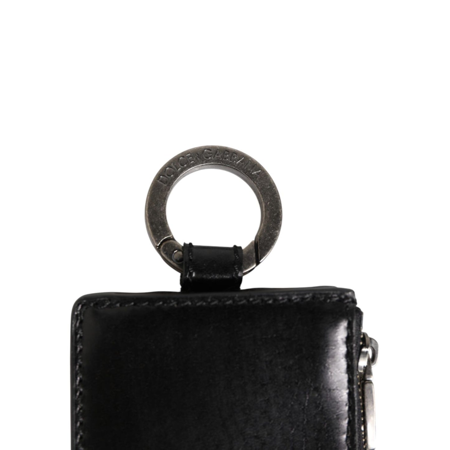 Dolce & Gabbana Black Leather Logo Embossed Lanyard Card holde Wallet with ring fastening and zipper closure.