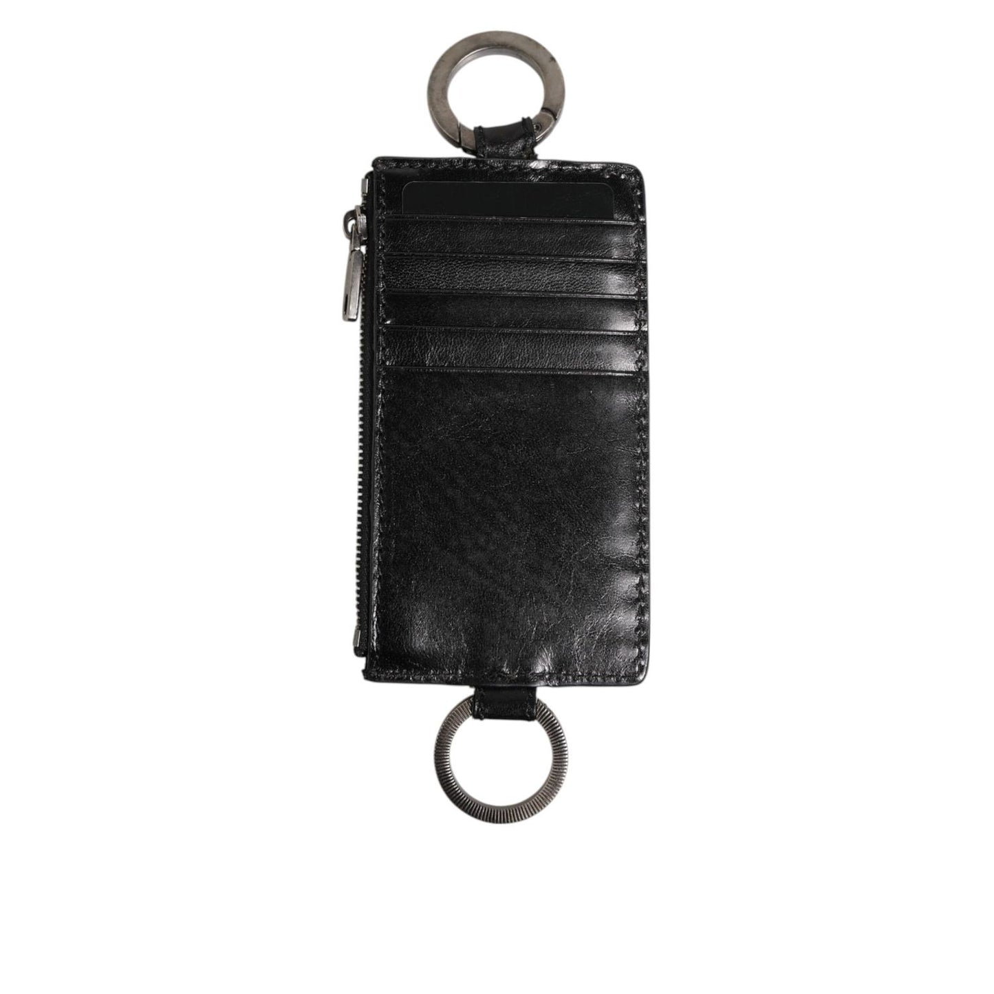 Dolce & Gabbana Black Leather Logo Embossed Lanyard Card Holder Wallet with zipper and ring fastening.