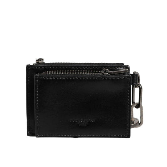 Dolce & Gabbana Black Leather Zip Logo Keyring Coin Purse Keyring Wallet with logo detail and metal snap closure.