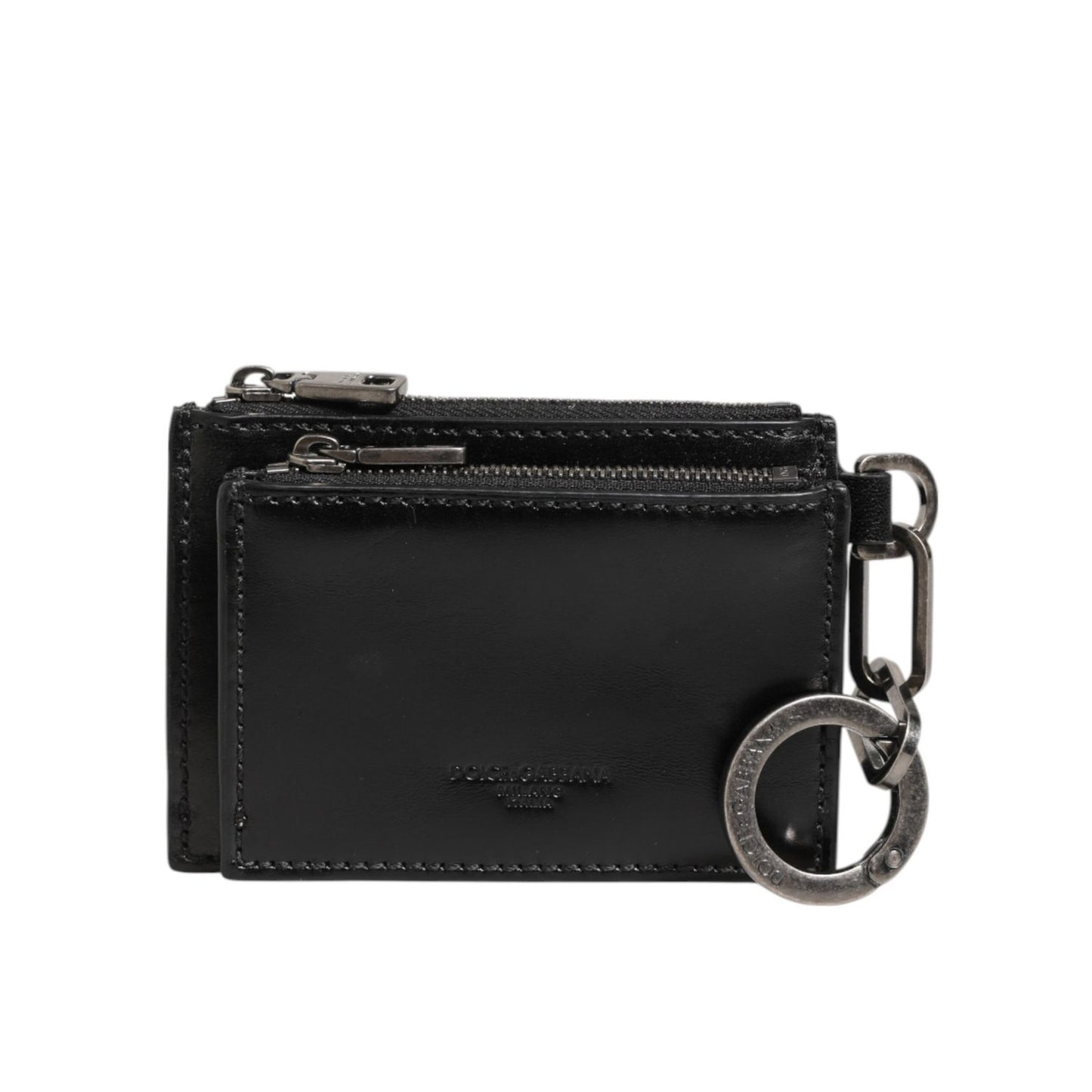 Dolce & Gabbana Black Leather Zipped Card Holder Coin Purse Keyring Wallet with dual zip compartments and metal keyring.