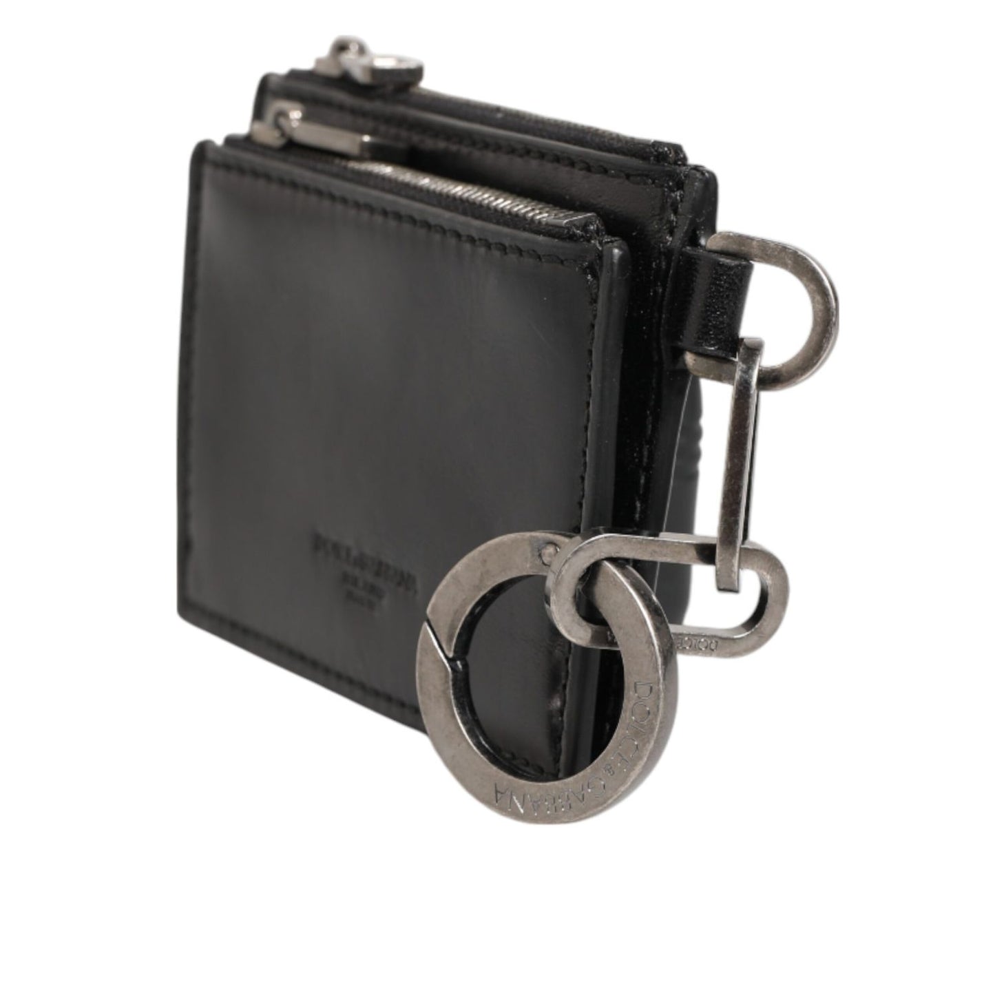 Dolce & Gabbana Black Leather Zipped Card Holder Coin Purse Keyring Wallet with dual zip compartments and metal keyring, made in Italy.