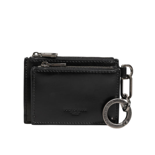 Dolce & Gabbana Black Leather Zipped Card Holder Coin Purse Keyring Wallet with dual zip compartments and metal keyring.