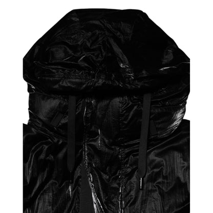 Dolce & Gabbana Black Logo Full Zip Hooded Quilted Jacket with nylon material, zipper closure, and hood detail.