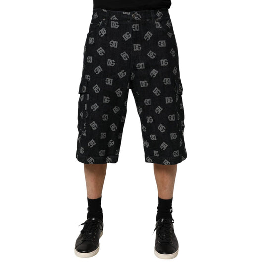 Dolce & Gabbana Black Monogram Denim Cargo Men Bermuda Short