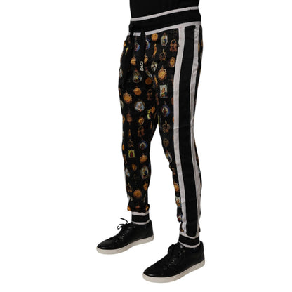 Dolce & Gabbana Black Religious Print Silk Men Jogger Pants