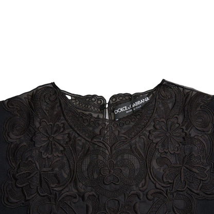 Dolce & Gabbana Black Silk Lace Trim Long Sleeves Blouse Top