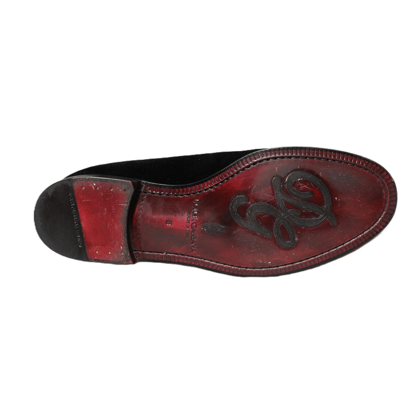 Sole view of Dolce & Gabbana Black Velvet Slip On Men Loafers Formal Shoes with leather outersole and logo details.
