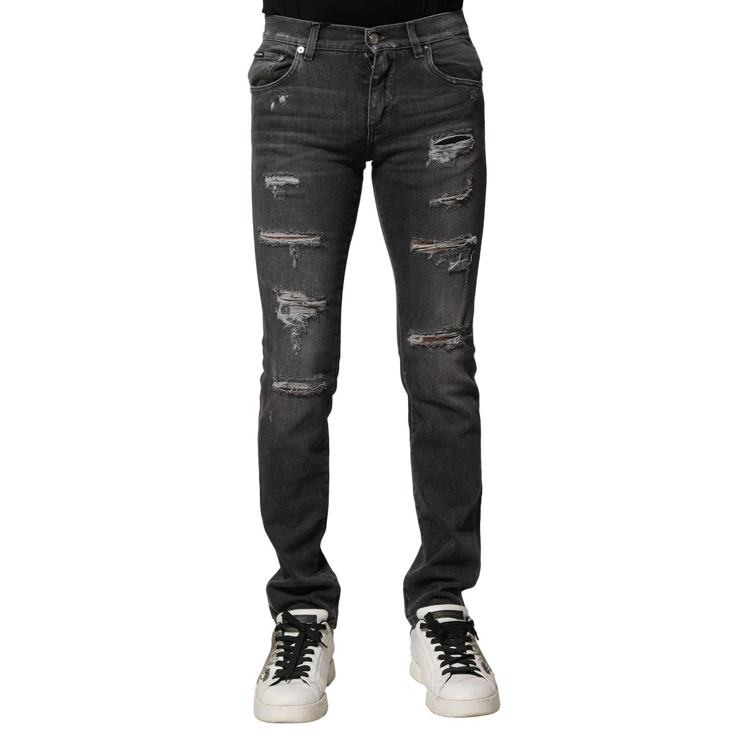 Dolce & Gabbana Black Washed Tattered Slim Fit Denim Jeans