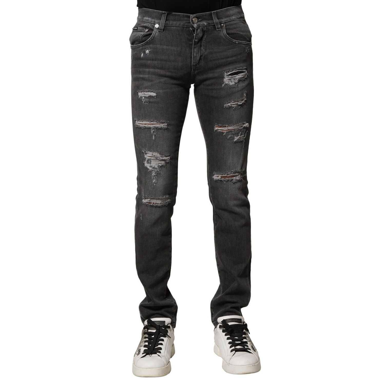 Dolce & Gabbana Black Washed Tattered Slim Fit Denim Jeans