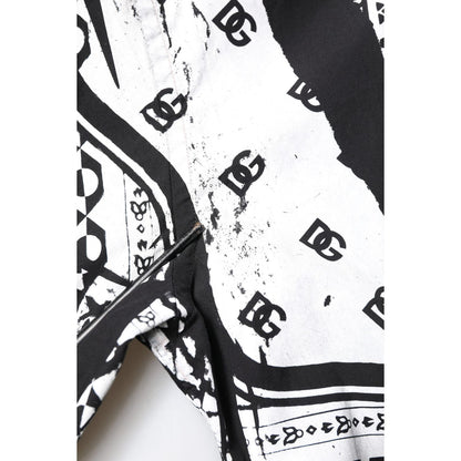 Close-up of Dolce & Gabbana Black White Bandana MARTINI Casual Shirt with logo and print details, showcasing design and craftsmanship.