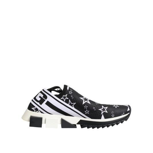 Dolce & Gabbana Black White Sorrento Low Top Sneakers Shoes with star pattern and logo, fabric material, rubber sole, side view.