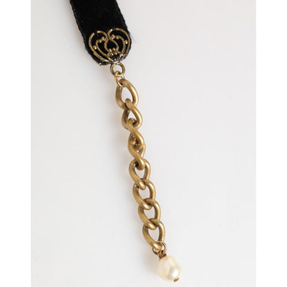 Dolce & Gabbana Blue Floral Appliqué Velvet Choker Crystal Beads Necklace