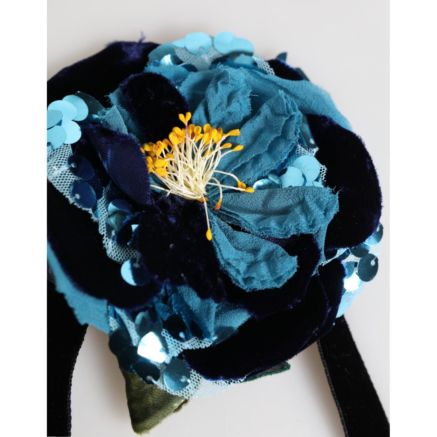 Dolce & Gabbana Blue Floral Appliqué Velvet Choker Crystal Beads Necklace