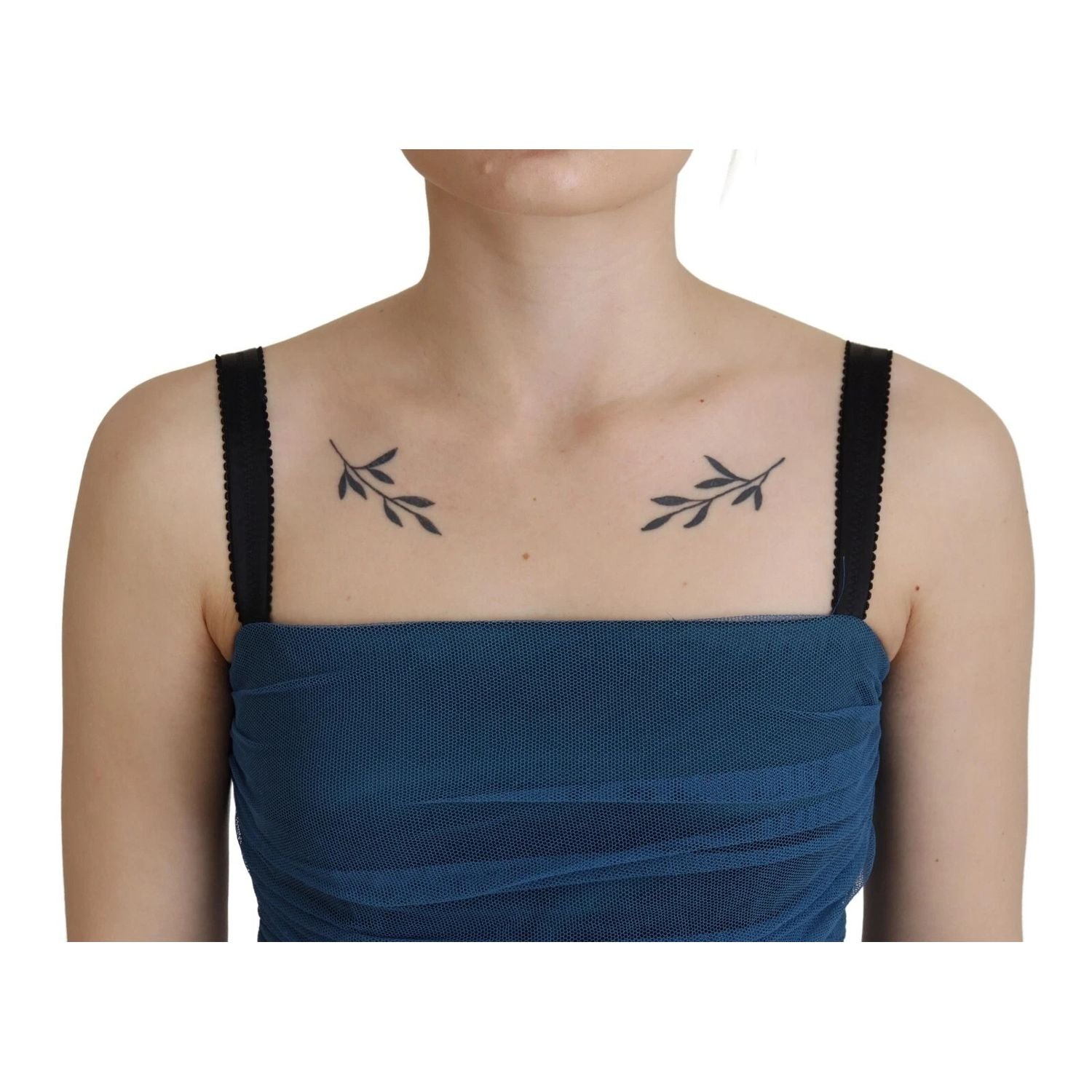 Dolce & Gabbana Blue Mesh Trim Ruched Tulle Sheath Dress