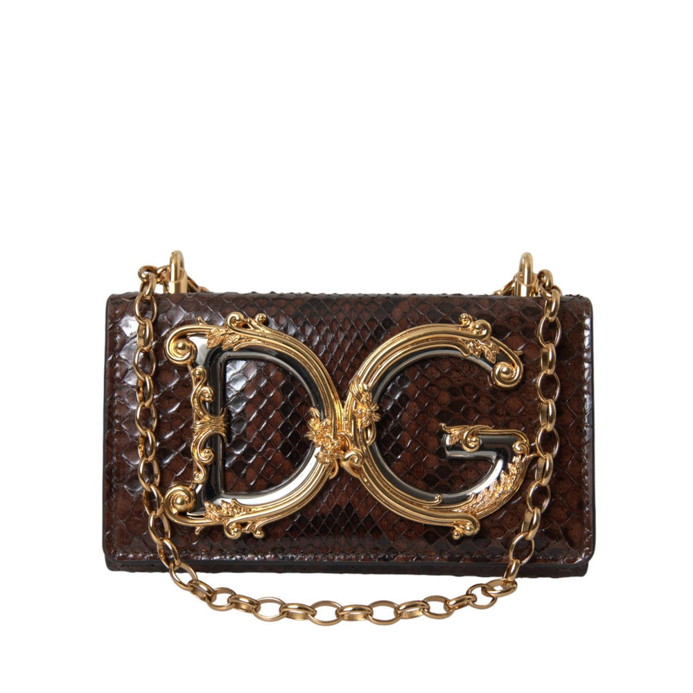 Dolce & Gabbana Brown Python Leather DG Girls Crossbody Phone Bag with gold logo and chain strap