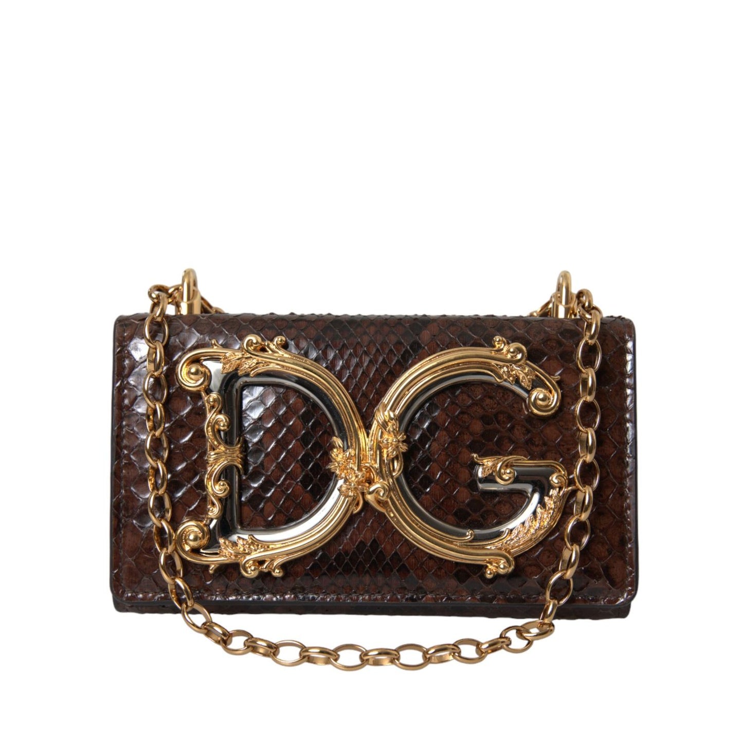 Dolce & Gabbana Brown Python Leather DG Girls Crossbody Phone Bag with gold logo and chain strap