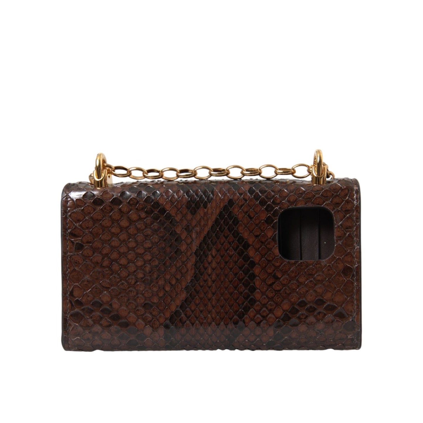 Dolce & Gabbana Brown Python Leather DG Girls Crossbody Phone Bag with gold chain strap and metallic logo.