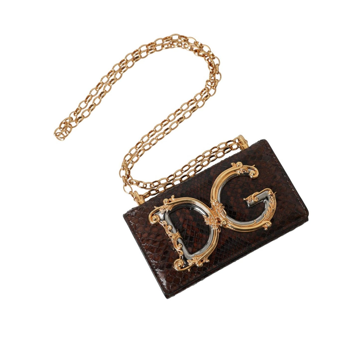 Dolce & Gabbana Brown Python Leather DG Girls Crossbody Phone Bag with chain strap and metallic logo.