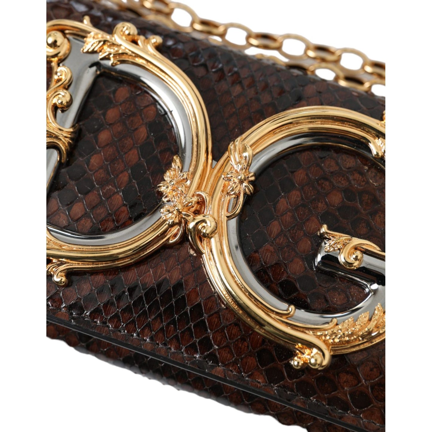 Close-up of Dolce & Gabbana Brown Python Leather DG Girls Crossbody Phone Bag with gold metallic logo and chain strap.