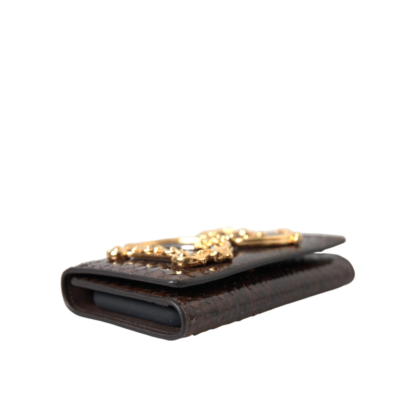 Side view of Dolce & Gabbana Brown Python Leather DG Girls Crossbody Phone Bag with gold logo embellishment and chain strap.