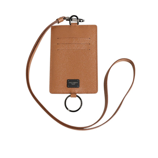 Dolce & Gabbana Dark Brown Leather Lanyard Logo Card Holder Men Wallet with card slots, side zip, and logo patch.