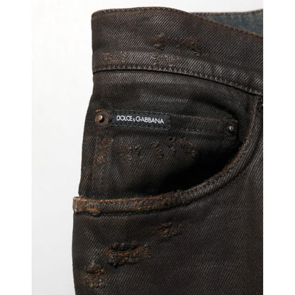 Dolce & Gabbana Dark Brown Tattered Cotton Skinny Denim Jeans