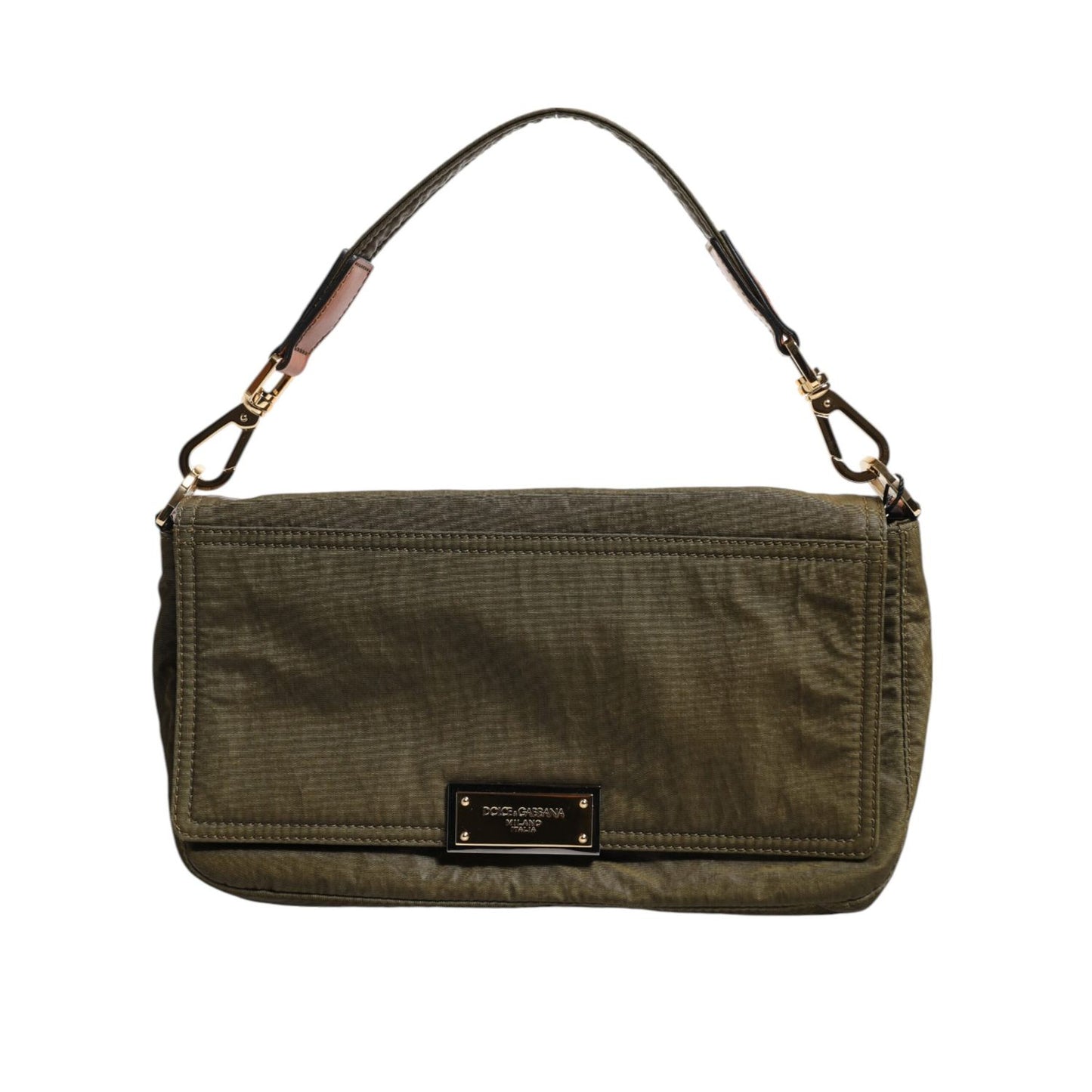 Dolce & Gabbana Dark Green Nylon Logo Plaque Shoulder Strap Borse Bag with logo plaque and zipper closure.