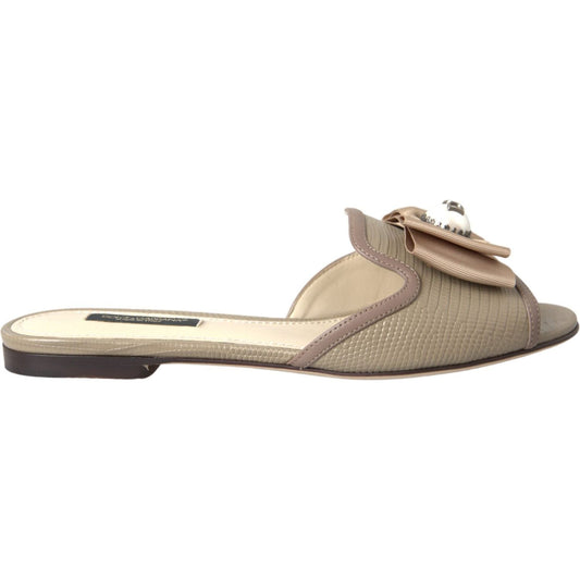 Dolce & Gabbana Beige Logo Pearl Flats Sandals Slides Shoes LA10971-35