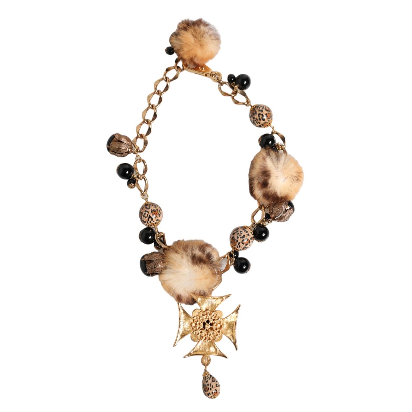 Dolce & Gabbana Gold Black Crystals Lapin Fur Filigree Choker Necklace