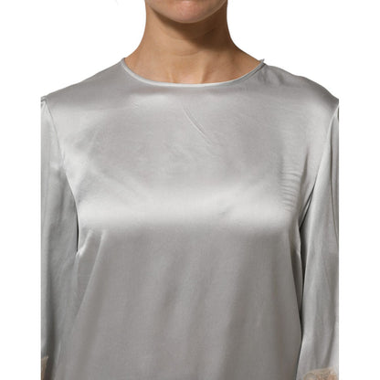 Dolce & Gabbana Gray Silk Satin Floral Lace Long Sleeve Top