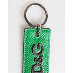Dolce & Gabbana Green Leather Logo Metal Ring Keychain Holder Men Keyring with silver metal detailing.