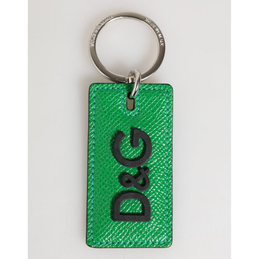 Dolce & Gabbana Green Leather Logo Metal Ring Keychain Holder Men Keyring with engraved D&G logo, silver detailing, made in Italy