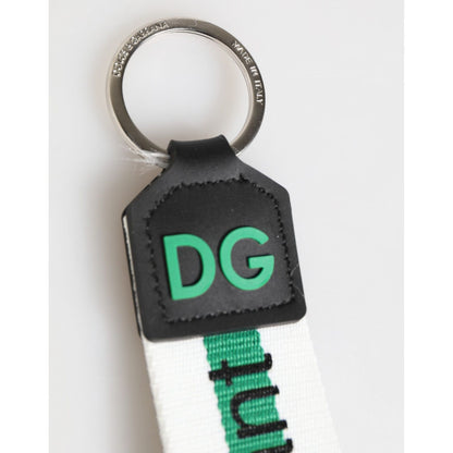 Dolce & Gabbana Green Logo Polyester Silver Brass Holder Keychain Keyring