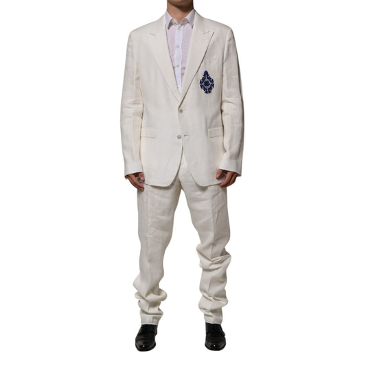 Dolce & Gabbana Light Cream Linen Embroidered 2 Piece Suit, formal men's blazer and pants set with DG crest, two-button closure.