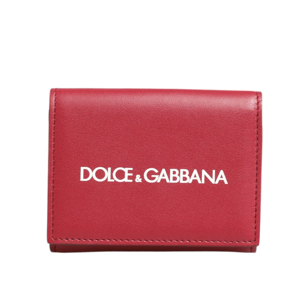 Dolce & Gabbana Red Leather Bold Logo Print Trifold Men Card Holder Wallet featuring sleek red leather and white logo design.